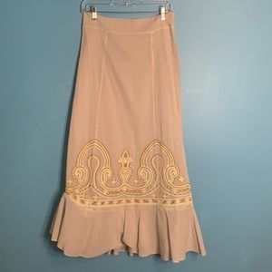 Anthropologie long embroidered and beaded skirt with ruffle trim